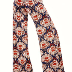  Boho Pants High Rise Wide Leg Paisley Print Stretch