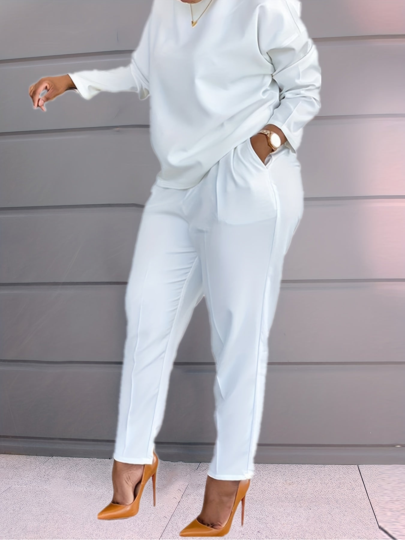 Casual 2-Piece Set Crew Neck Long Sleeve Top & Wide Leg Pants Outfit