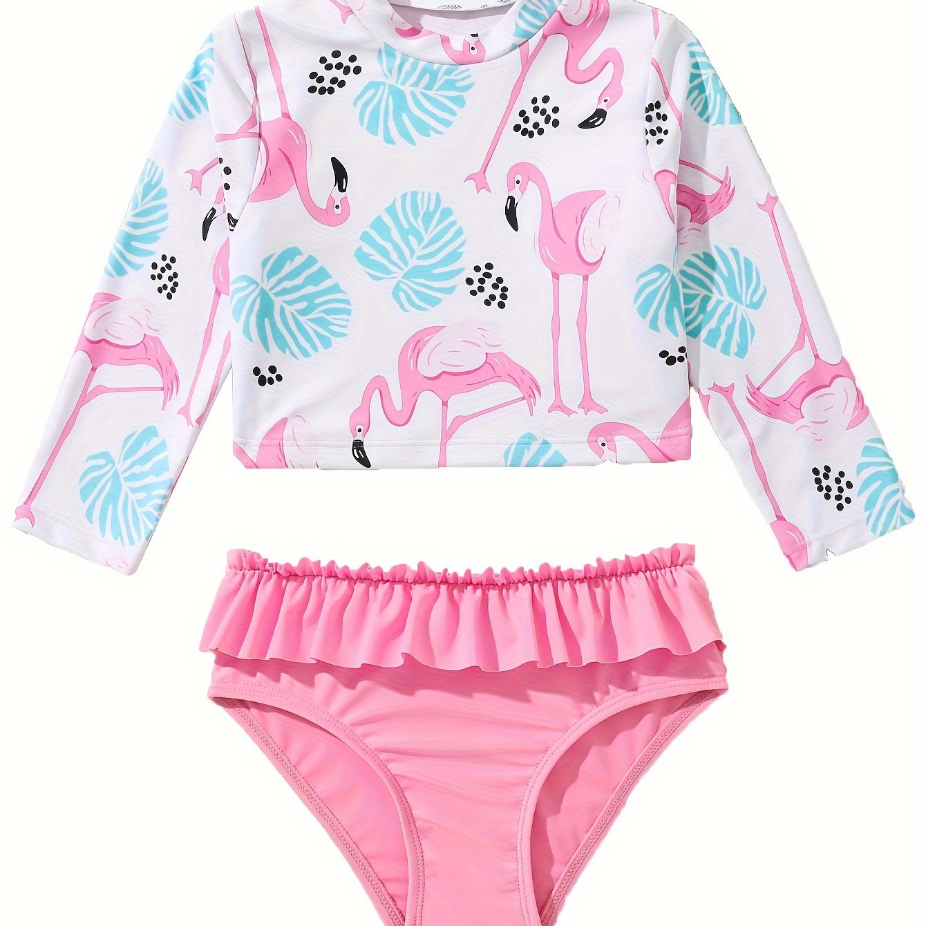 2pcs Girls Flamingo Sporty Swimsuit Set Long Sleeve Top Briefs