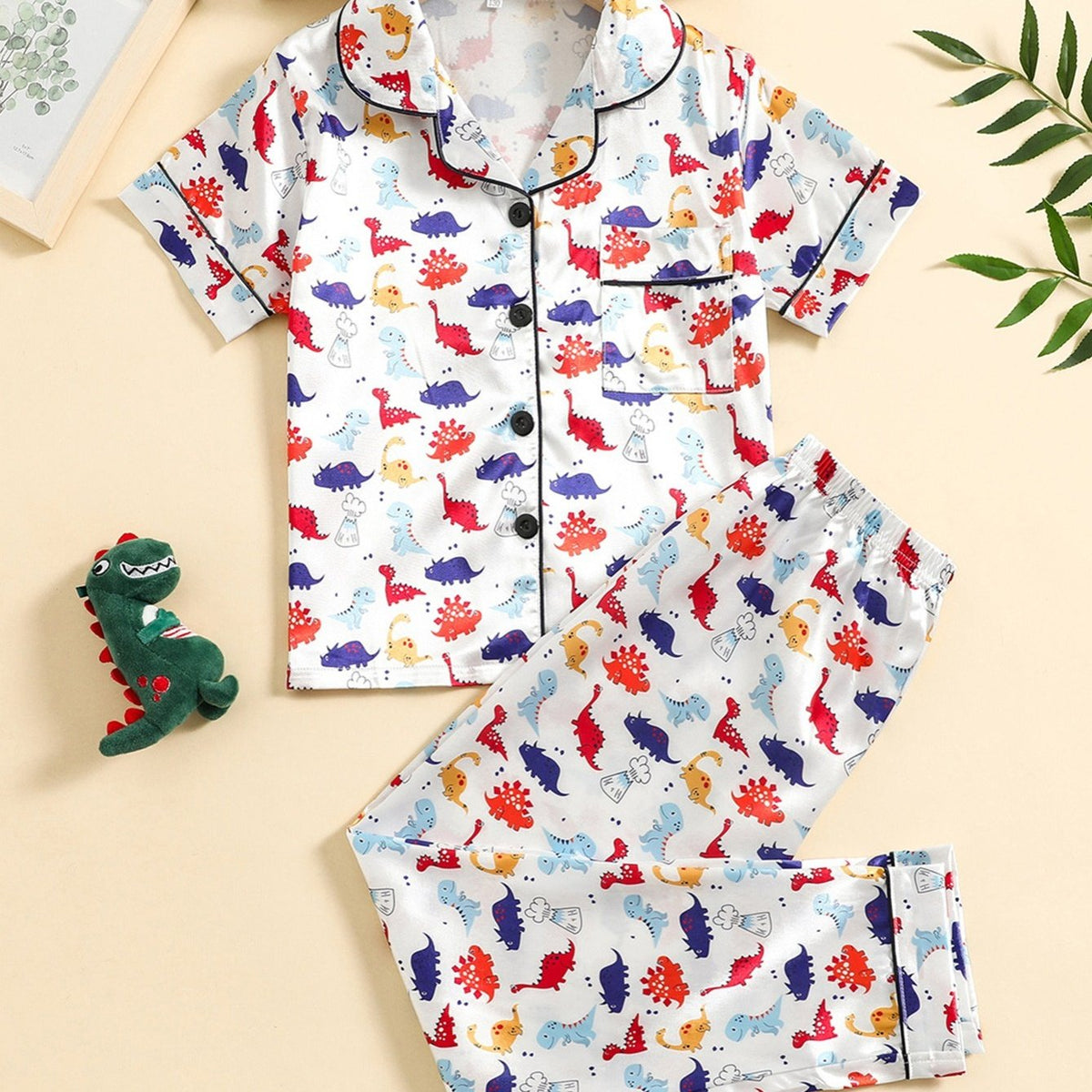 2pcs Boys Dinosaur Print Button Loungewear
