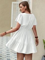  Solid V Neck Mini Smock Dress