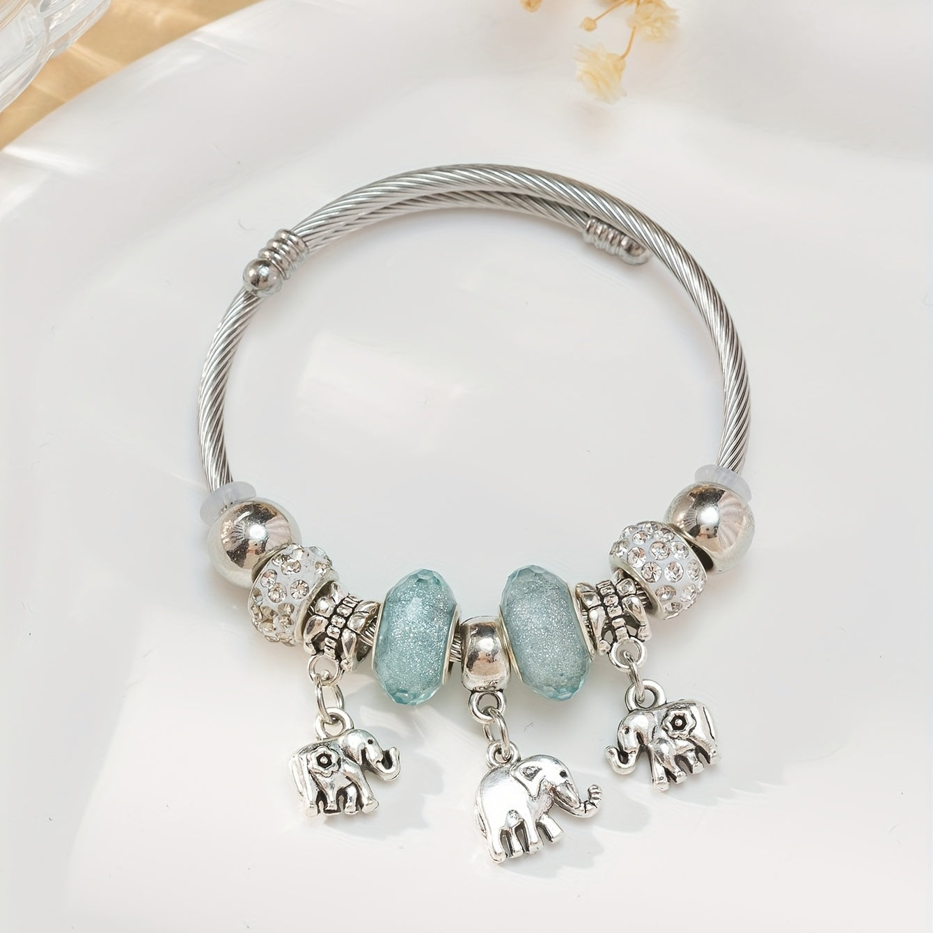 Rhinestone Clay Big Hole Bead & Elephant Pendant Bracelet