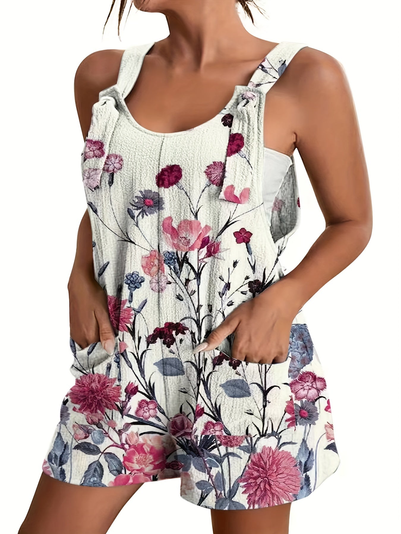  Floral Print Knot Overalls with Pockets