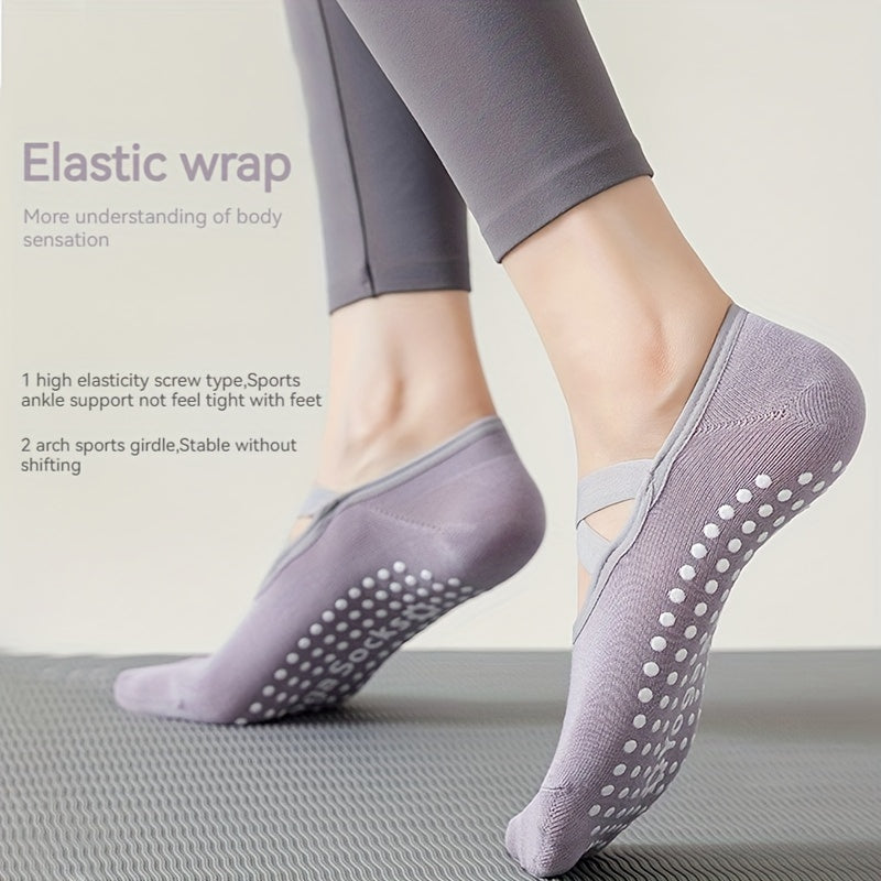 Women's Non Slip Yoga Socks w/ Extra Grips, Cross Strap Design