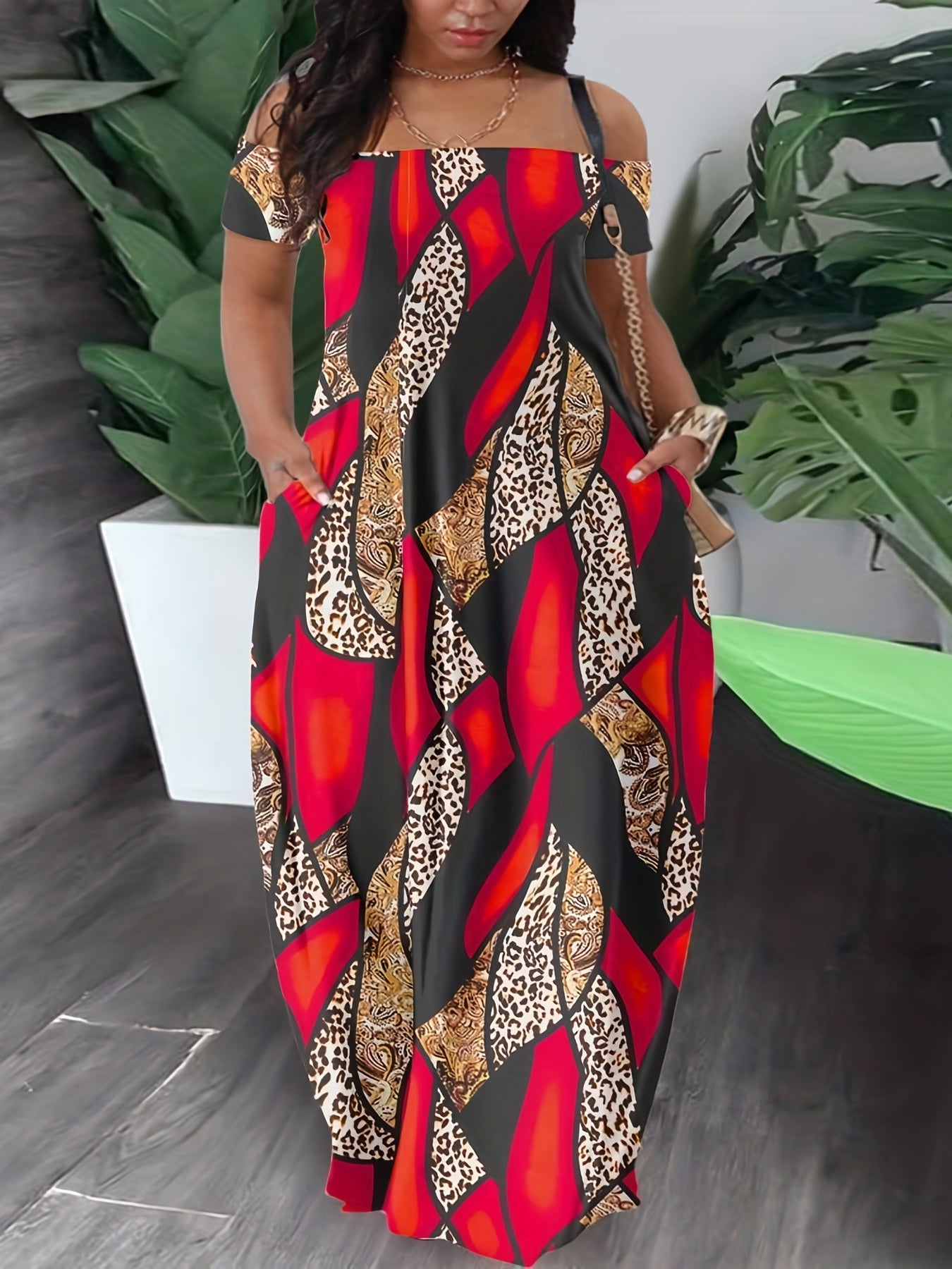  Colorblock Paisley & Leopard Print Maxi Dress