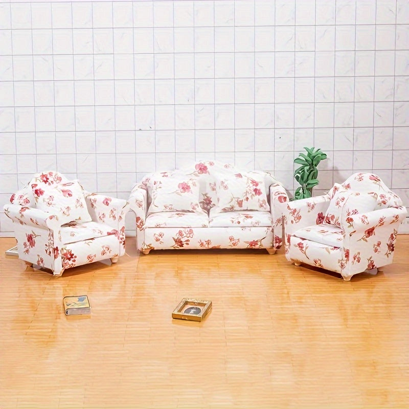Pink Floral Mini Sofa Set with Cushions for Dollhouse