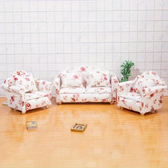 Pink Floral Mini Sofa Set with Cushions for Dollhouse