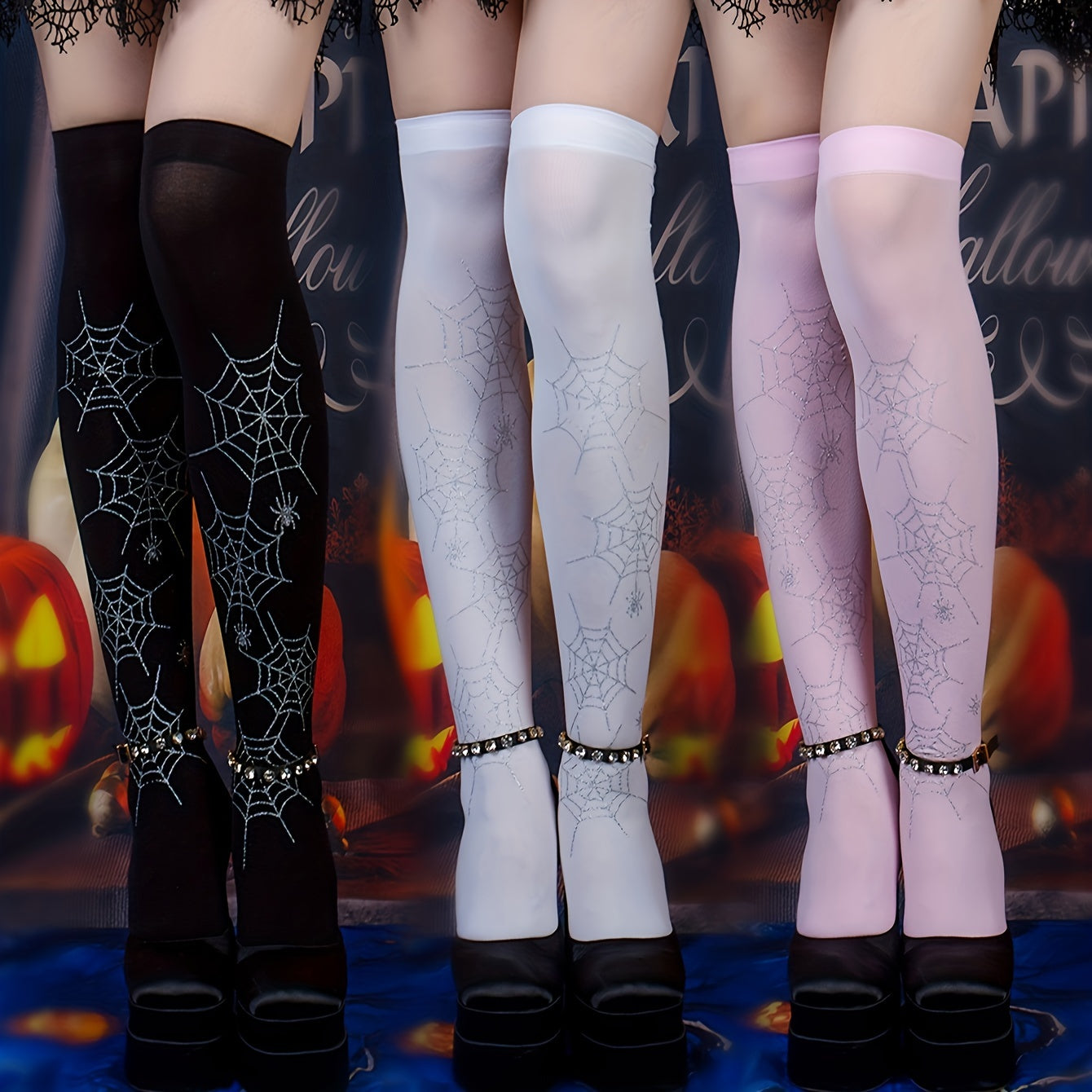 Spider Web Print Over The Knee Socks