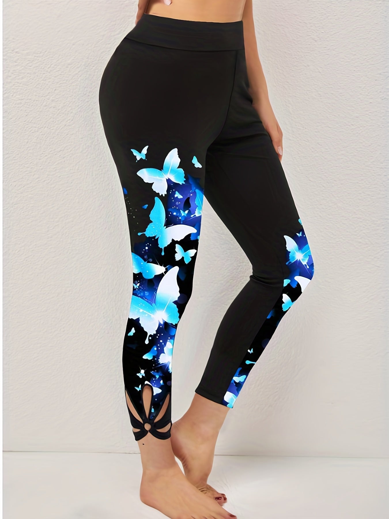  Butterfly Print Floral Cut Out Skinny Leggings