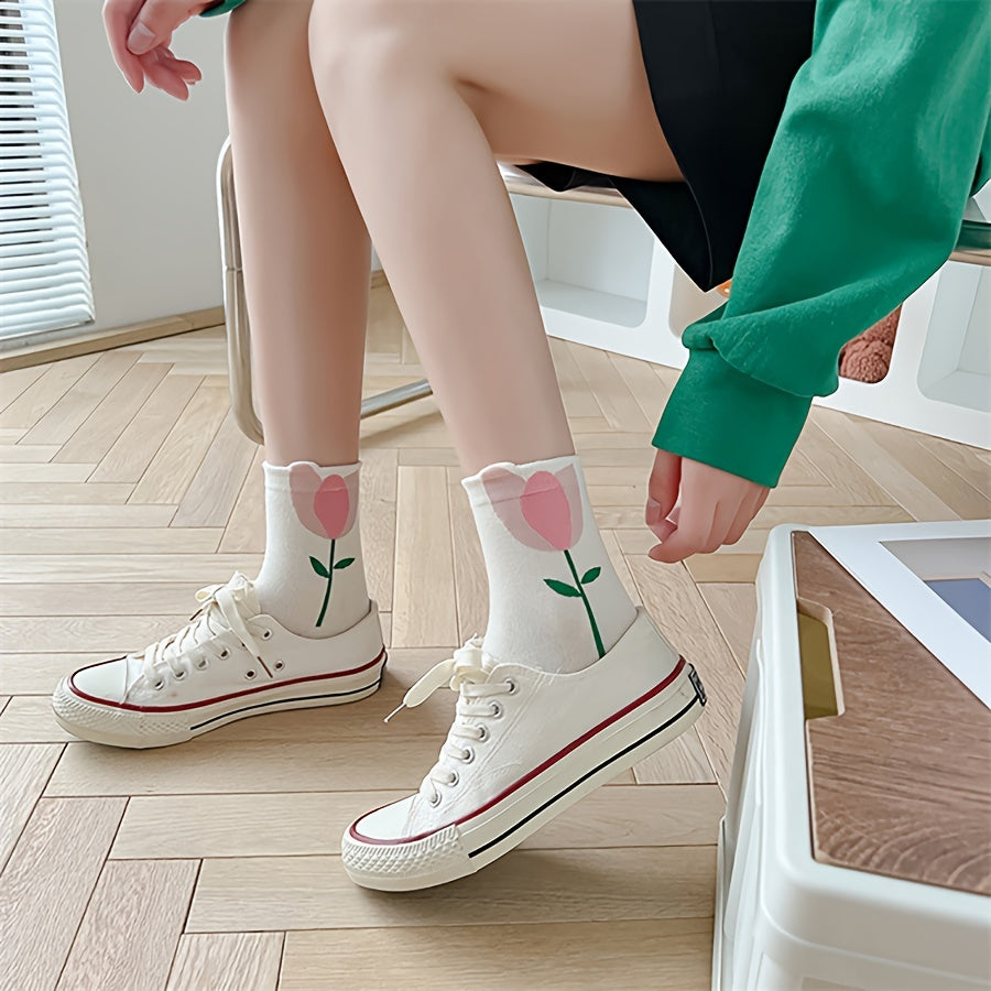 5 Pairs Floral Print Socks Comfy & Breathable Women's Mid Tube Stockings