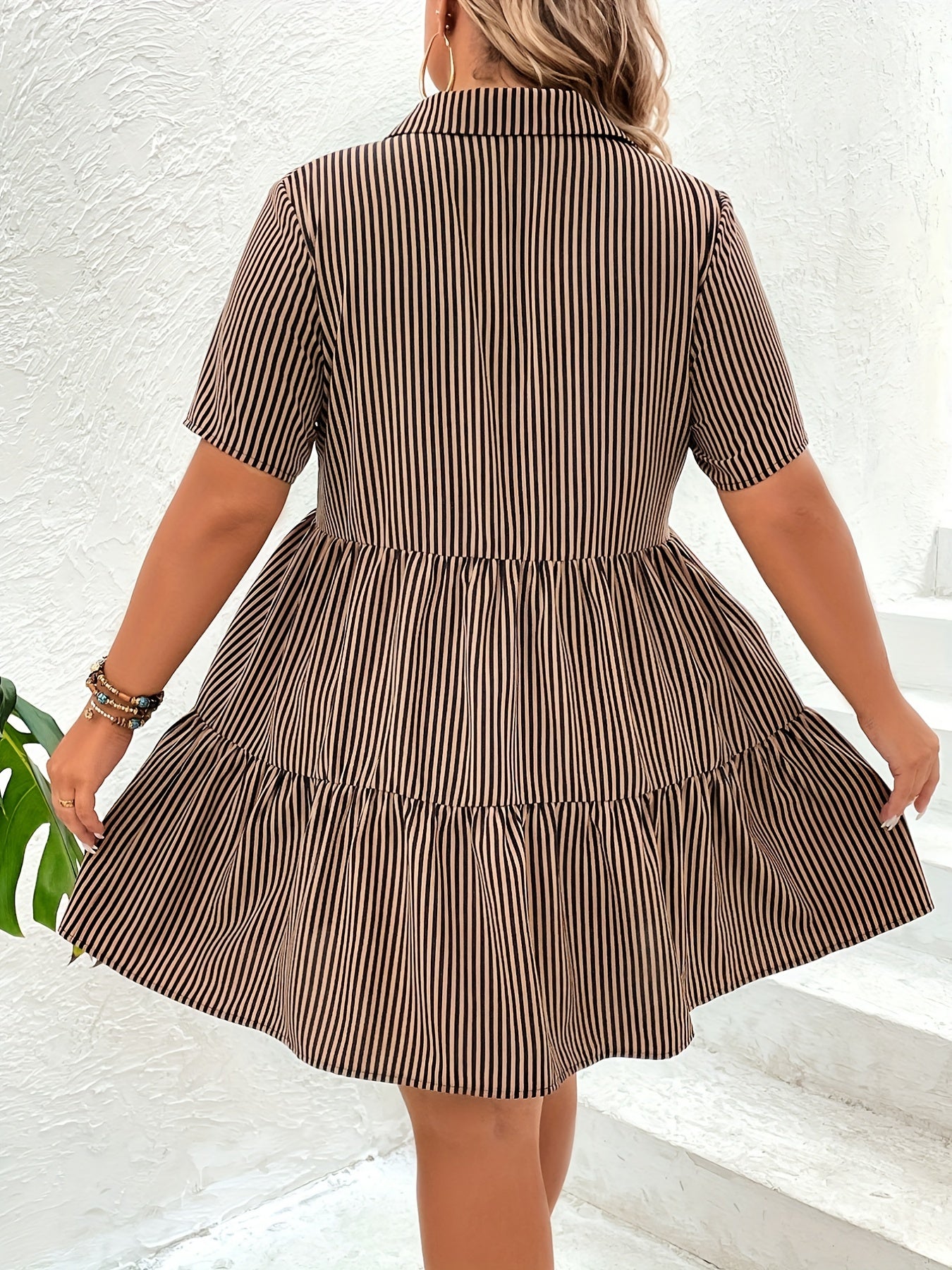  Stripe Print Button Up Casual Shirt Dress