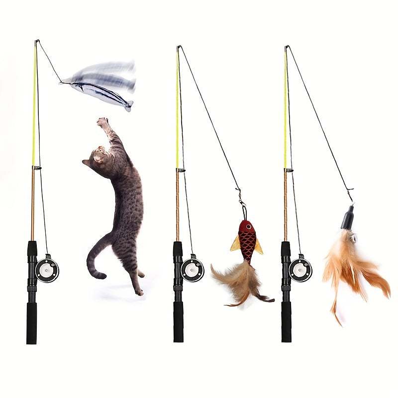 Interactive Cat Feather Teaser Wand with Replacement Heads