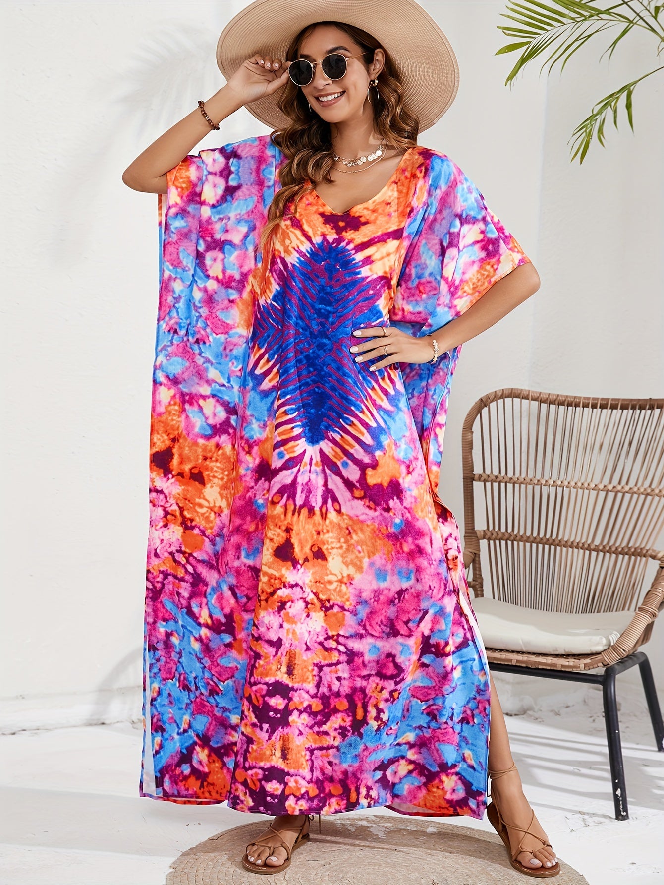  Boho Tie Dye Geo Pattern Cover Up Maxi Dress