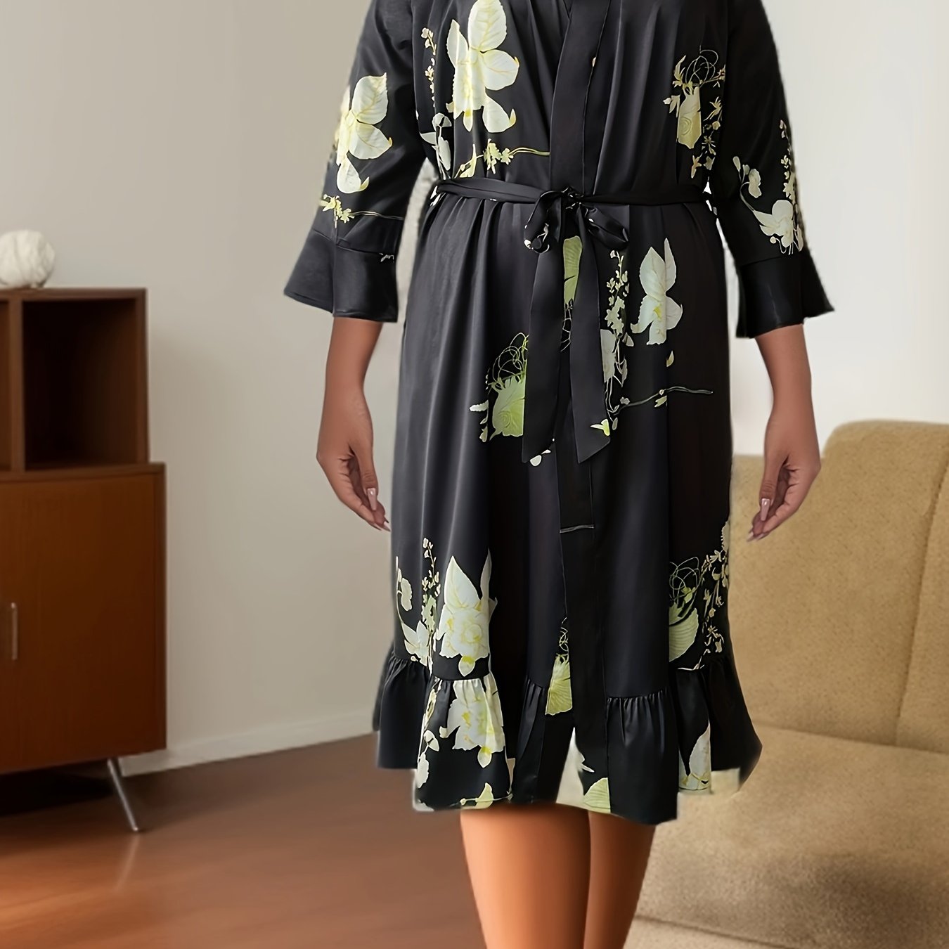  Satin Floral Nightgown with Ruffle Trim