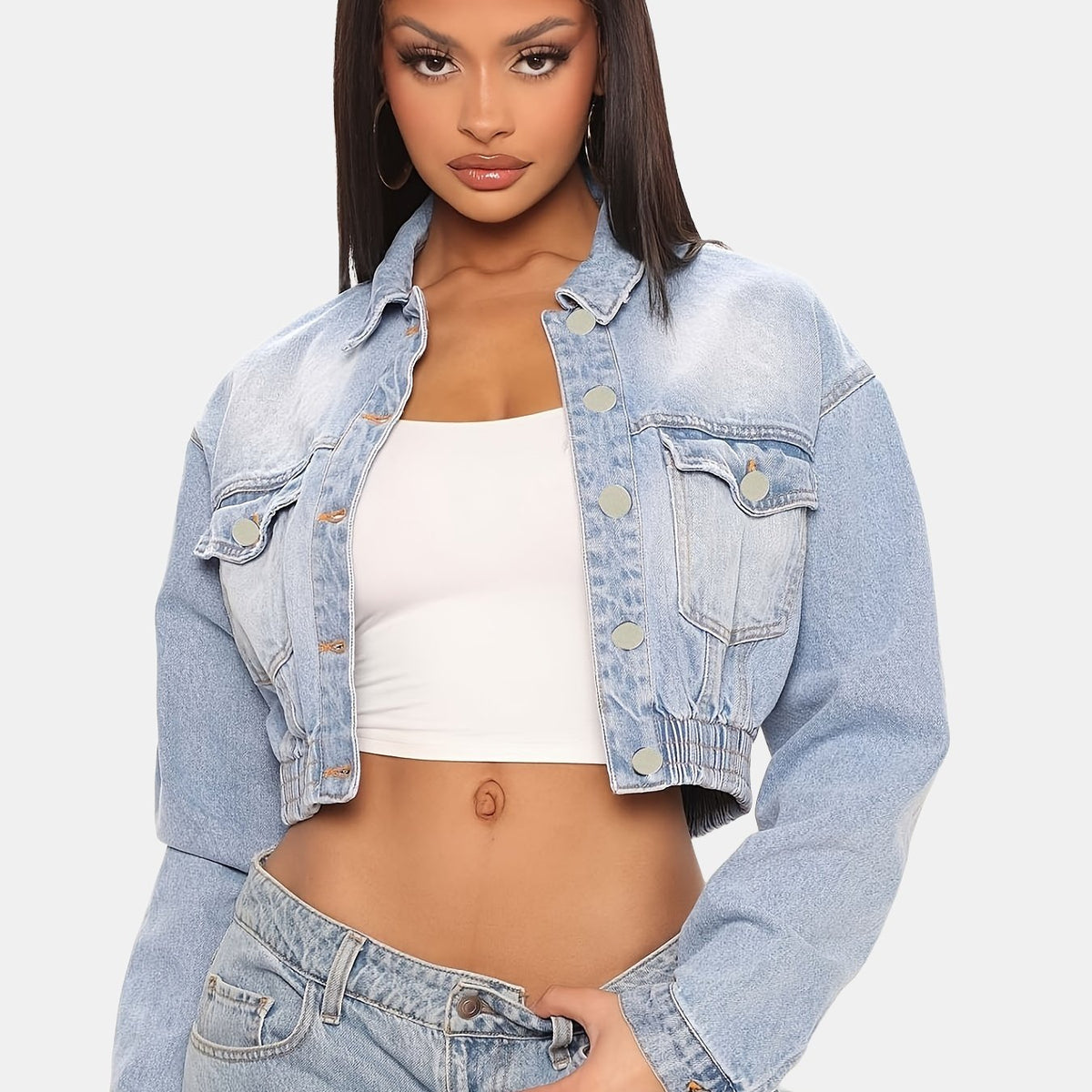 Elastic Band Trim Denim Jacket Button Closure