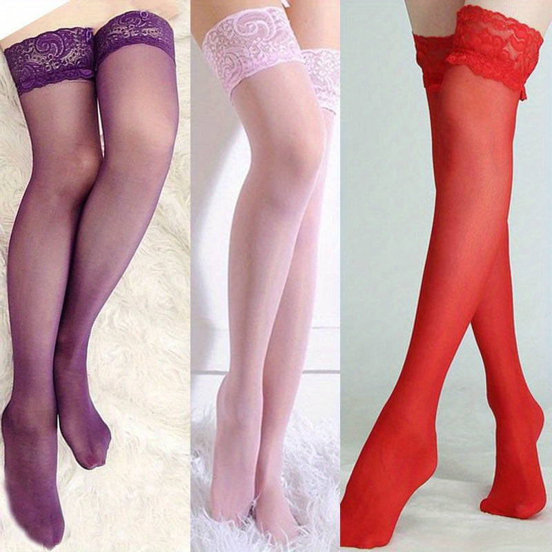 Lace Trim Thigh High Stockings Mesh Over Knee Socks Women's Stockings