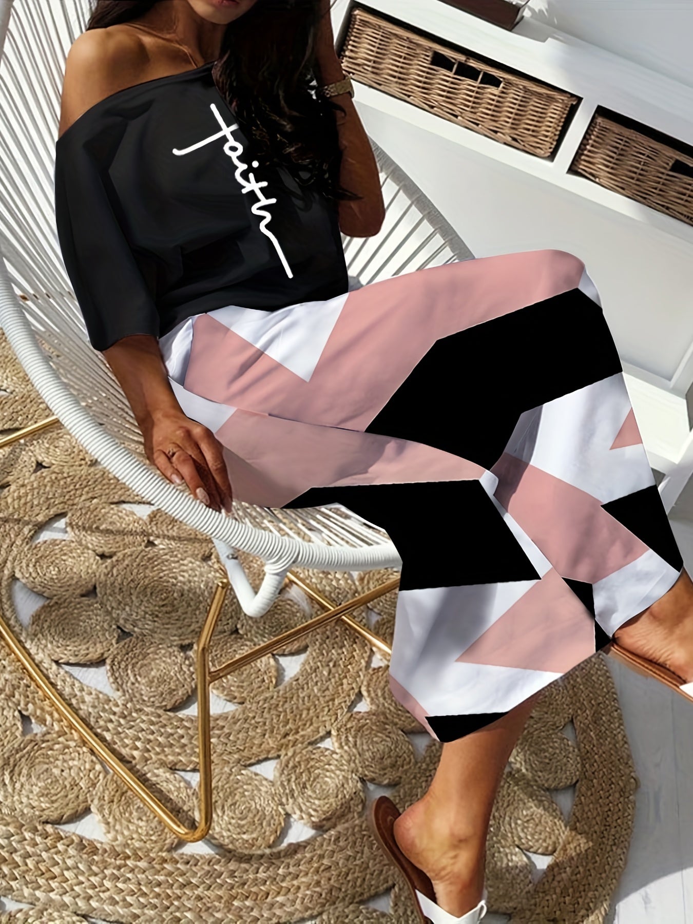  Cross Letter & Geo Print One Shoulder Top & Skirt Set