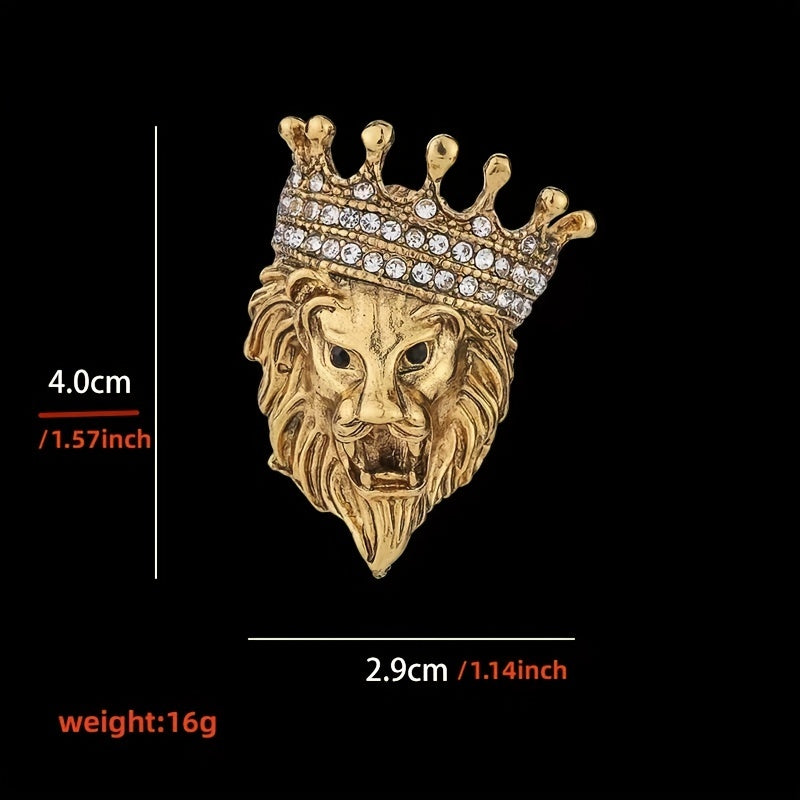 Vintage Lion Head Crystal Crown Lapel Pin Brooch