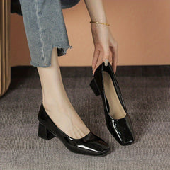 Women's Chunky Heeled Court Pumps Square Toe Solid Patent Leather Shoes