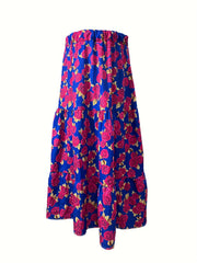  Boho Skirt Women's Plus Allover Rose Print Elastic Waisted Maxi Smock