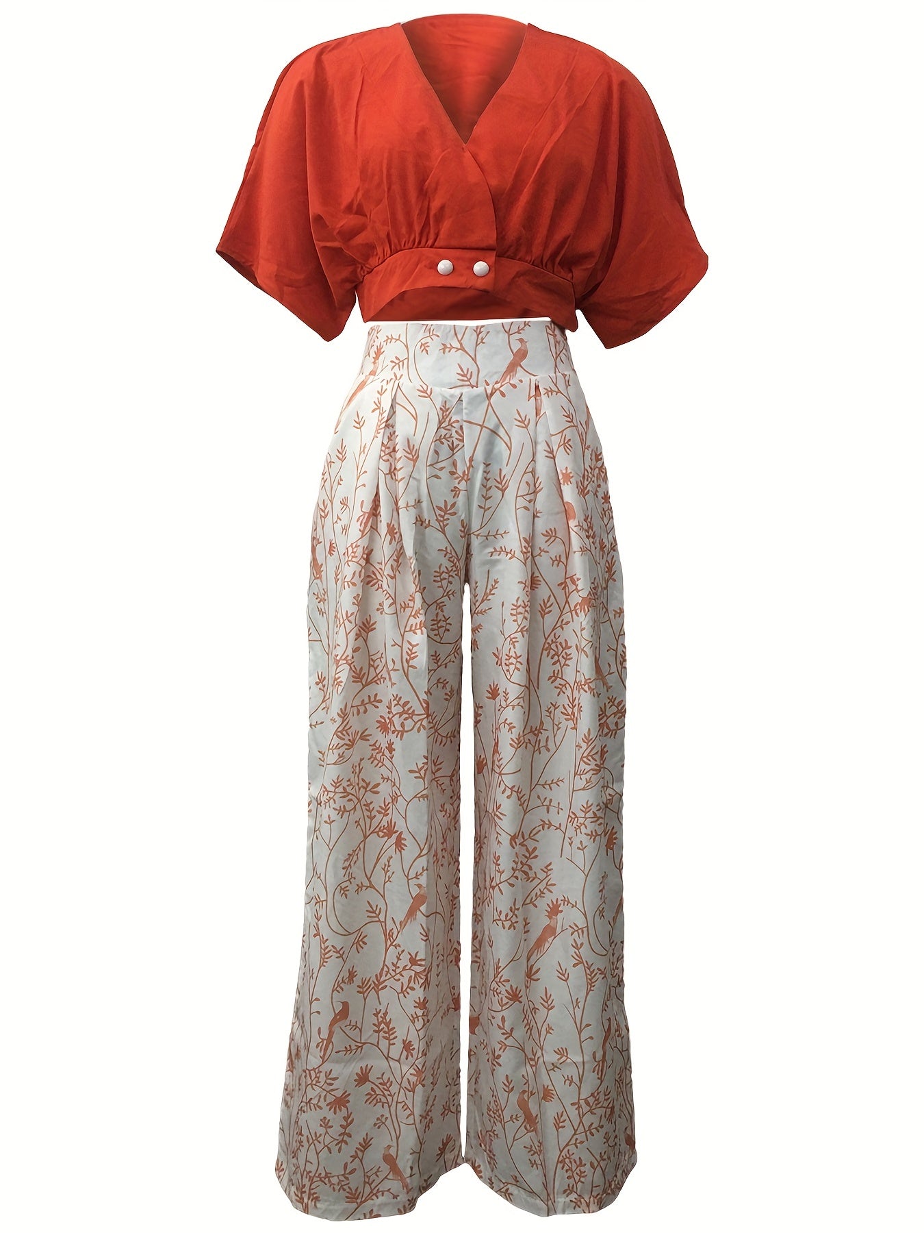 Casual Two Piece Pants Set Button Front Crop Top & Floral Print Wide Leg Pants