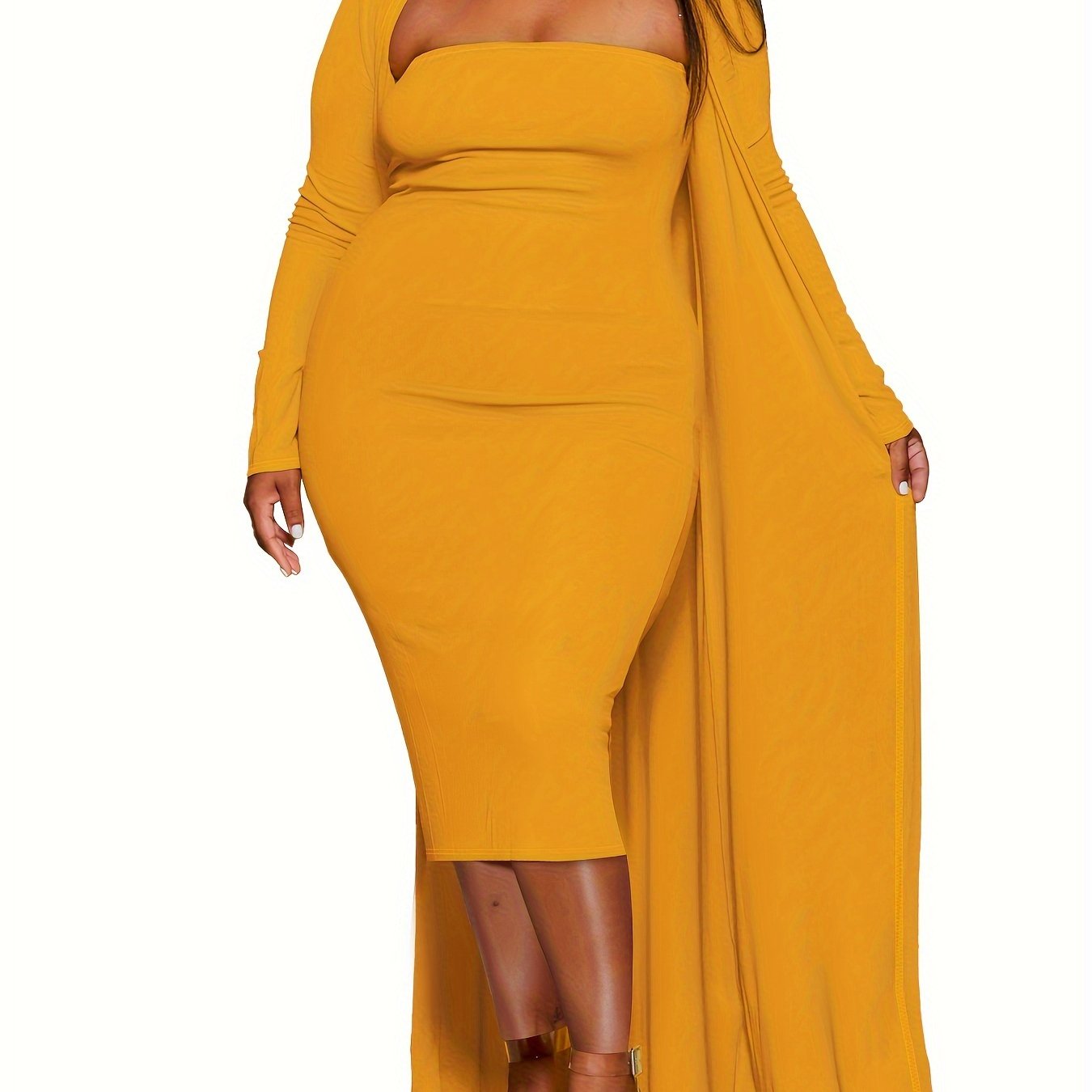  Sexy Outfits Set Solid Bodycon Tube Dress & Long Sleeve Cardigan Set