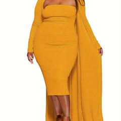  Sexy Outfits Set Solid Bodycon Tube Dress & Long Sleeve Cardigan Set