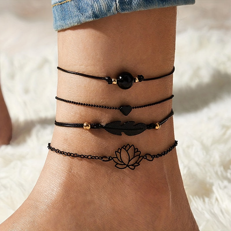 4 Pcs Stackable Lotus Chain Anklet Set For Women