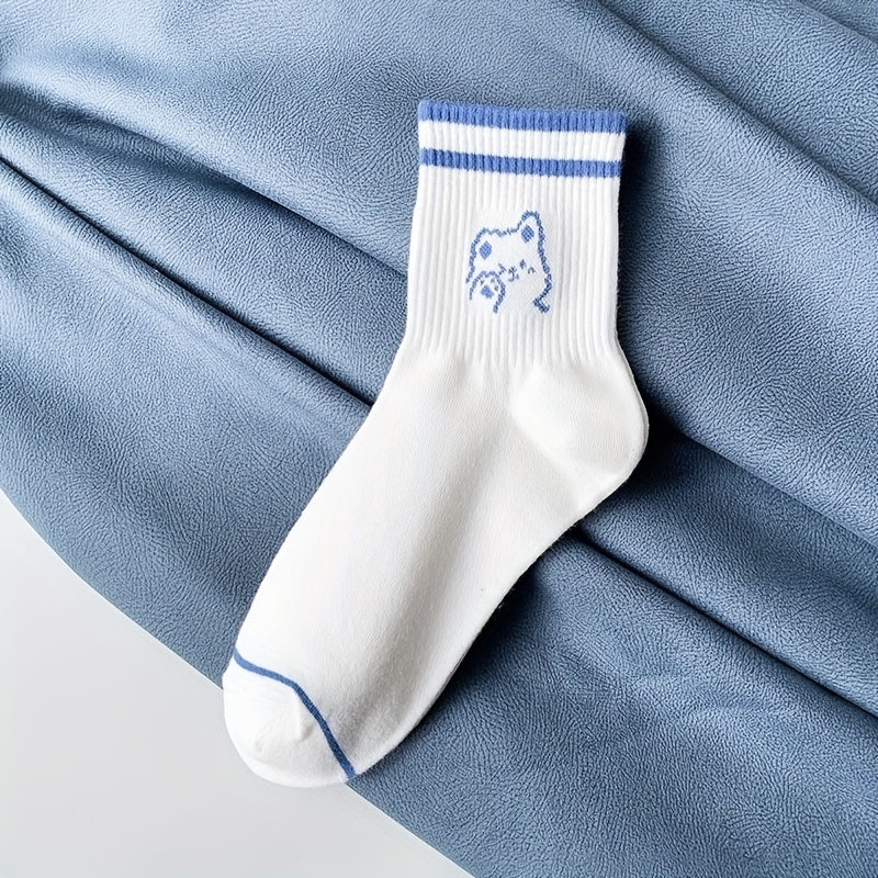 5 Pairs Cartoon Bear Print Socks & Striped Crew Socks Women's Stockings