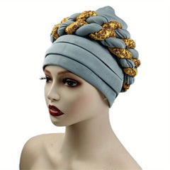 Sequin Braid Turban Cap Pleated Head Wrap Elastic Bonnet Chemo Hats