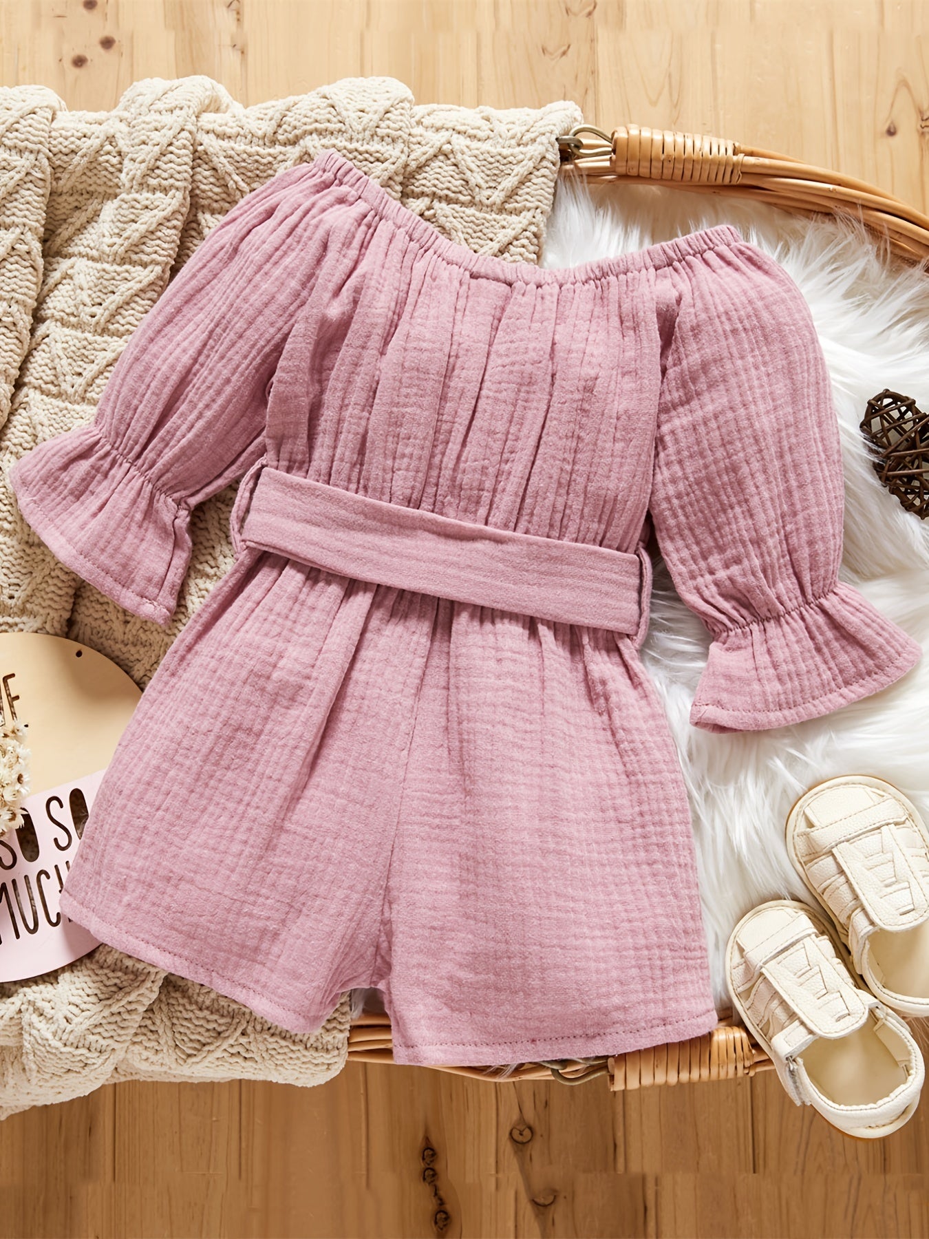 Toddler Off Shoulder Long Sleeve Romper with Wide Leg Pants