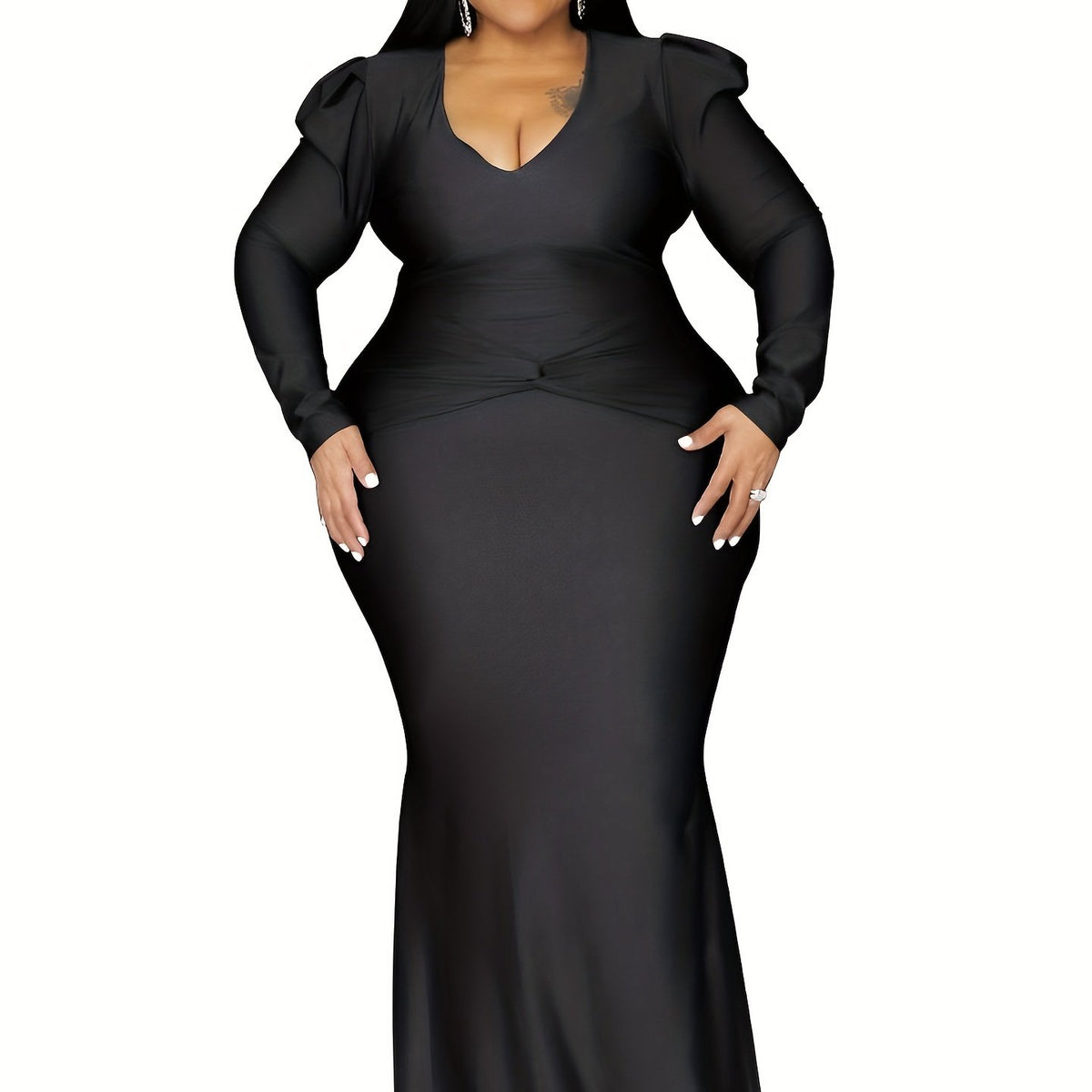  Solid Long Puff Sleeve Mermaid Prom Maxi Dress