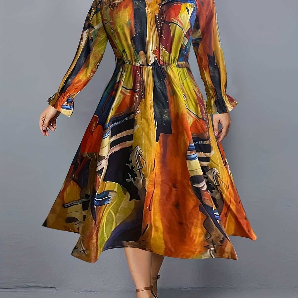  Allover Print Flounce Sleeve V Neck Dress