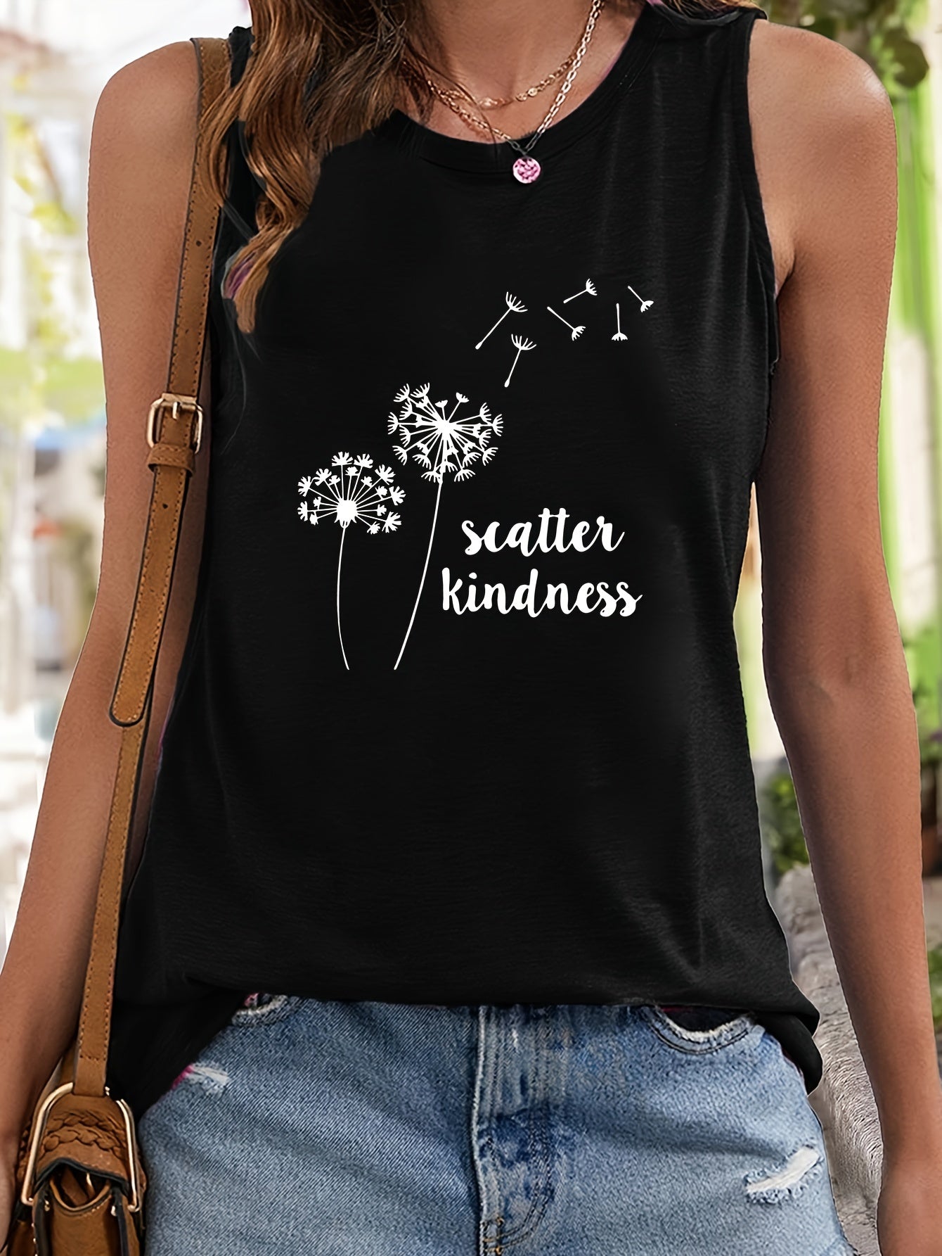 Dandelion & Letter Print Sleeveless Sports Vest Round Neck Casual Tops