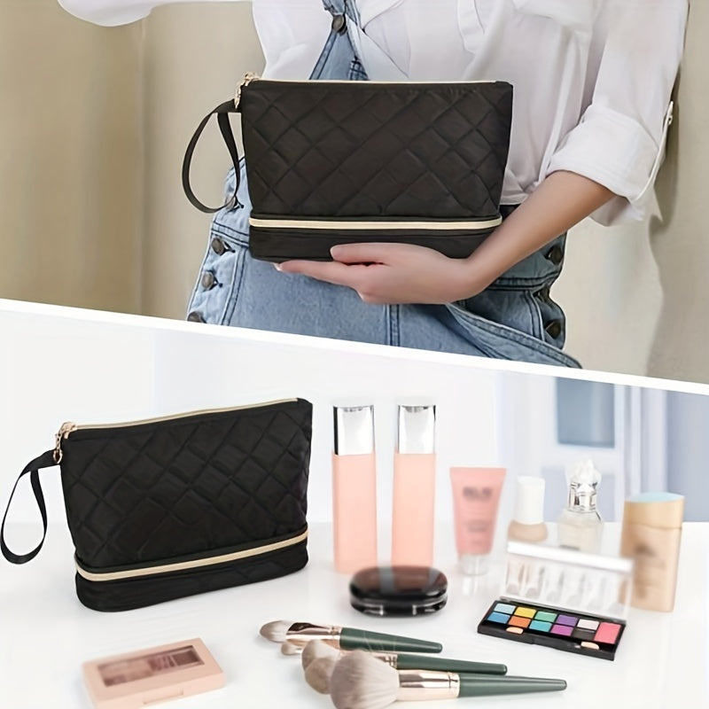 Quilted Cosmetic Bag Double Layer Makeup Brush Organizer Travel Toiletry Storage