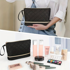 Quilted Cosmetic Bag Double Layer Makeup Brush Organizer Travel Toiletry Storage