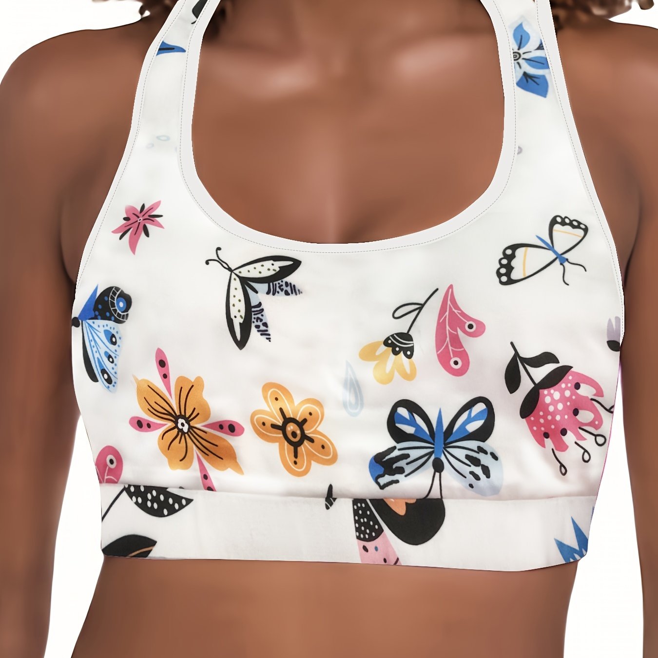  Floral Butterfly Print Racer Back Fitness Yoga Bra