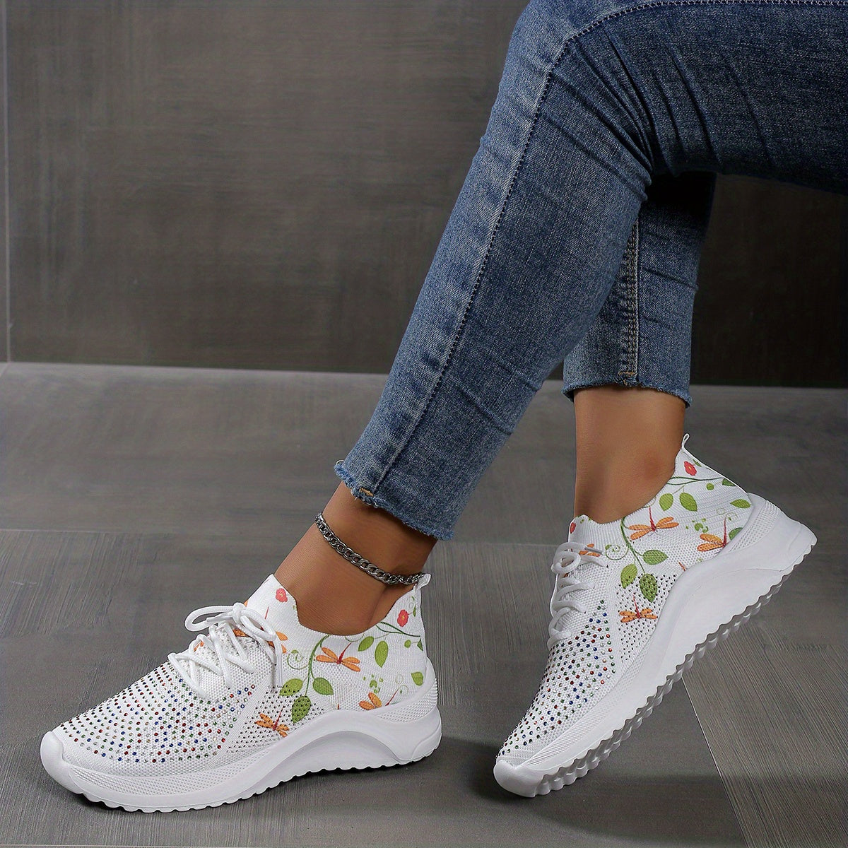 Dragonfly Print Knit Sports Shoes Rhinestone Decor Low Top Running Shoes