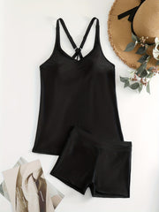  Casual Tankini Set Solid V Neck Cami Top & Shorts Swimsuit