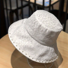 Faux Pearl Decor Bucket Hat Flower Embroidery Summer Sunshade Travel Beach Hats
