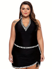  V Neck Halter Top & Lace Up Ruched Split Skirt Swimsuit