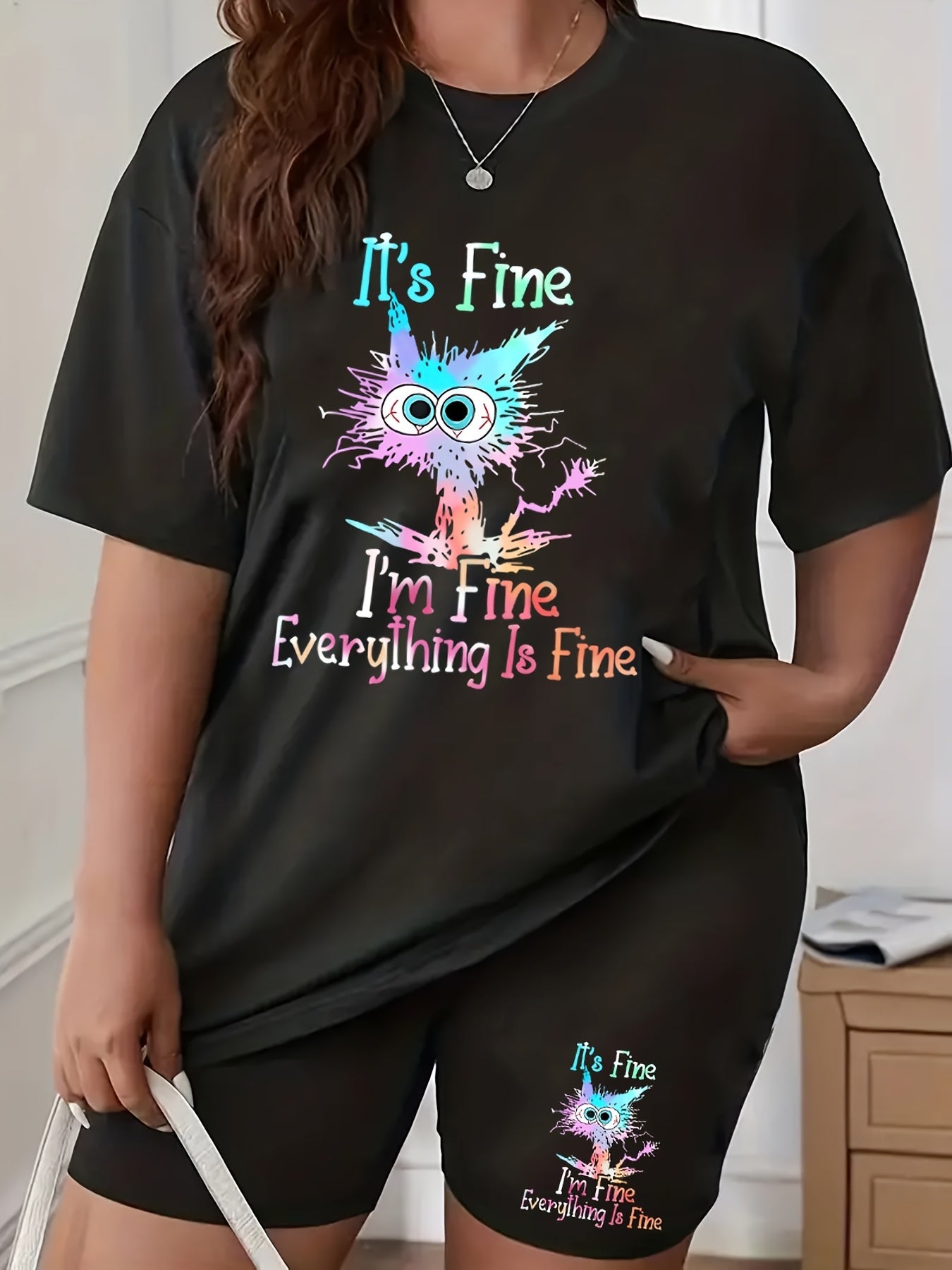  Casual 2pcs Set Women's Graphic Tee & Biker Shorts Set