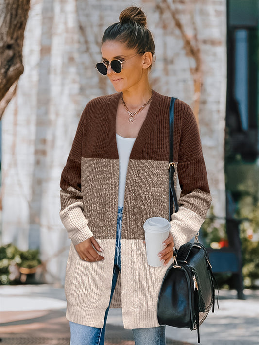  Colorblock Long Sleeve Open Front Cardigan