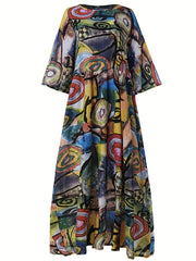  Boho Dress Abstract Print Half Sleeve Round Neck Maxi Dress