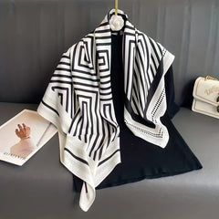 Striped Print Silk Square Scarf Women Head Wrap Sunscreen Shawl