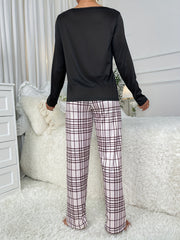 Plaid Print Pajama Set Long Sleeve Top & Pants Women's Sleepwear