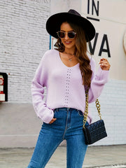  Casual Hollow Out V Neck Sweater Long Sleeve Jumper