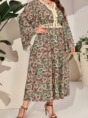 Abaya Dress Women's Plus Paisley Floral Print Tassel Bell Sleeve V Nec