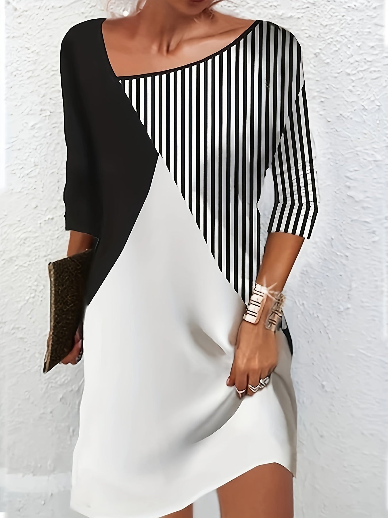  Colorblock Striped Short Sleeve Dress