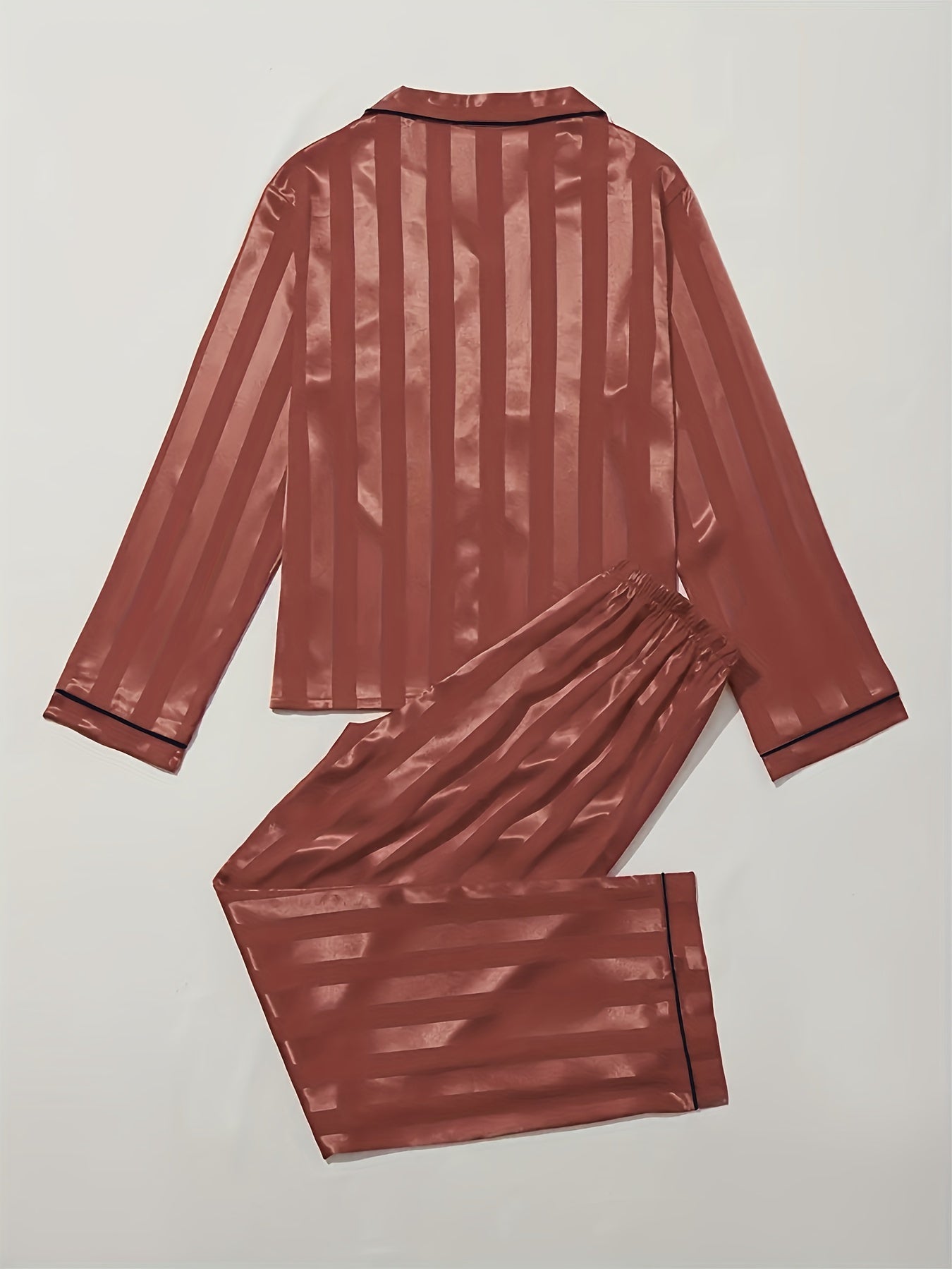 Striped Satin Pajama Set Long Sleeve Buttons Top & Elastic Waistband Pants